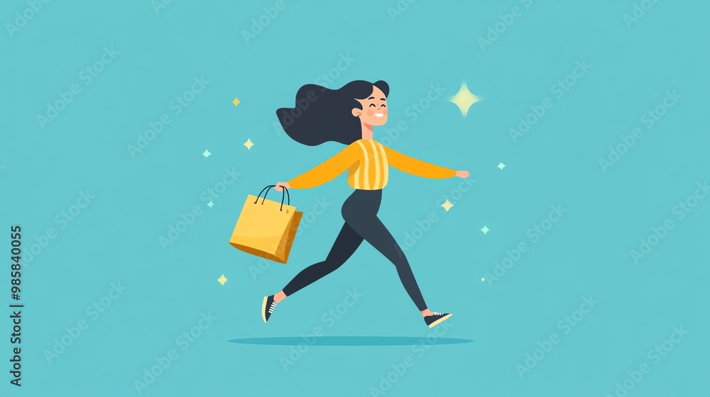 A cheerful woman walking with a shopping bag, radiating joy and excitement, set against a vibrant blue background. A cheerful woman walking with a shopping bag, radiating joy and excitement, set against a vibrant blue background.