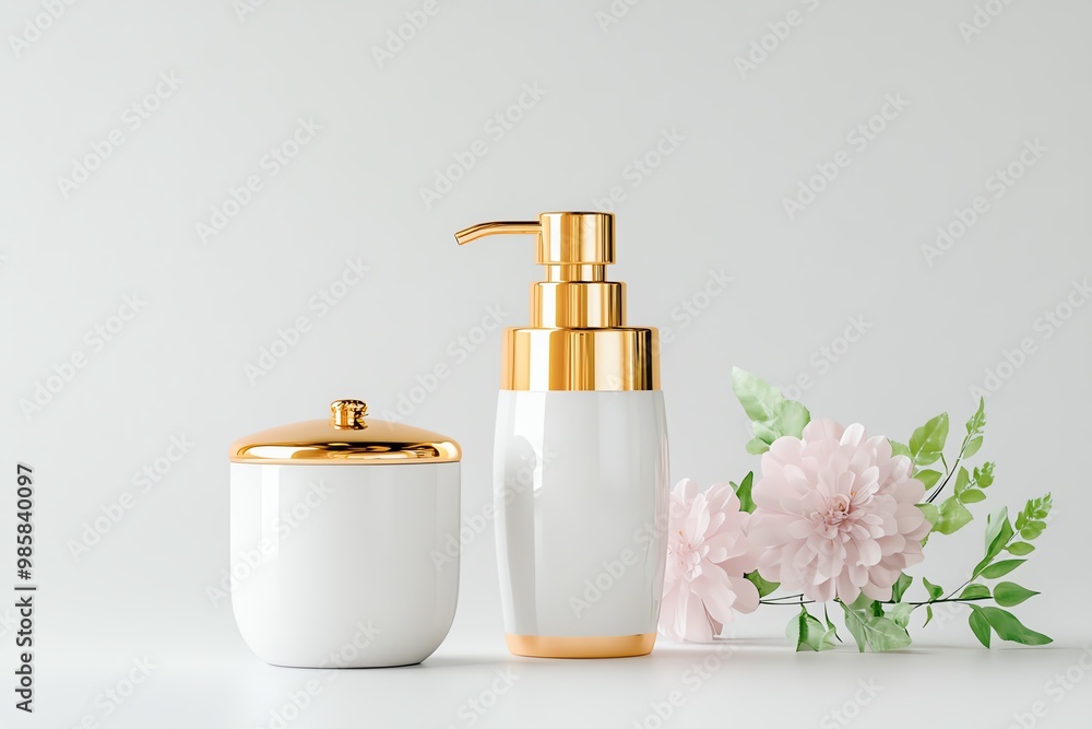 Elegant cosmetic containers with gold accents, paired with soft flowers for a serene beauty feel. Elegant cosmetic containers with gold accents, paired with soft flowers for a serene beauty feel.