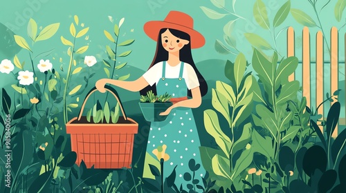 A cheerful woman tending to her garden, holding a basket of fresh produce amidst vibrant greenery and blooming flowers.