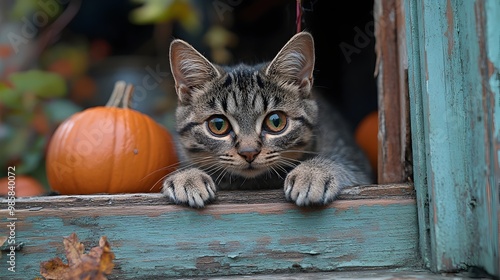 Feline Spiderling Scaling Haunted Porch on All Hallows  Eve photo