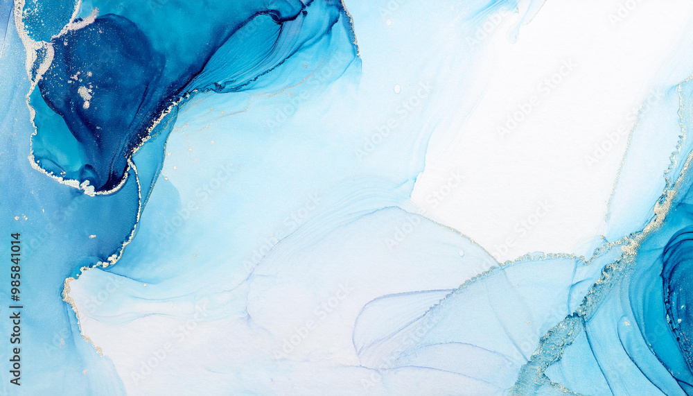Fototapeta premium Blue alcohol ink texture with abstract washes and paint stains on the white paper background.