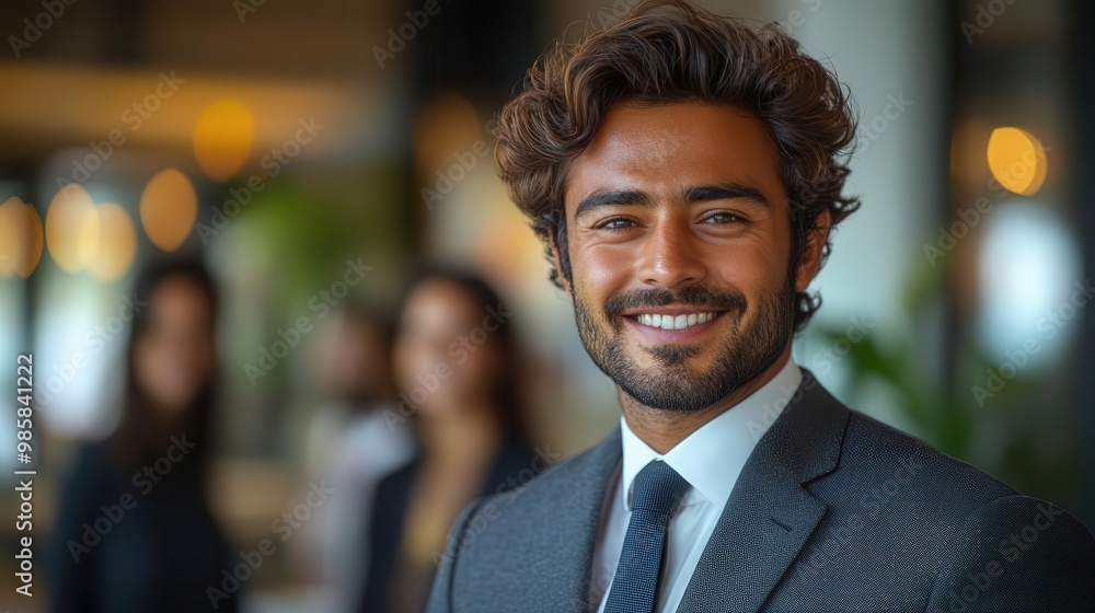 charismatic asian indian businessman in sharp suit smiling confidently in modern office blurred background shows diverse team emphasizing leadership and success charismatic asian indian businessman in sharp suit smiling confidently in modern office blurred background shows diverse team emphasizing leadership and success