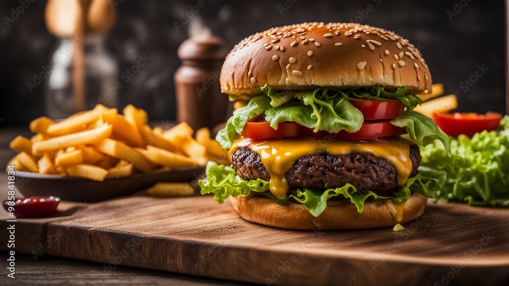 Gourmet cheeseburger on wooden board with crispy fries. The burger was covered in melted cheese, and fresh lettuce and tomatoes were visible. Gourmet cheeseburger on wooden board with crispy fries. The burger was covered in melted cheese, and fresh lettuce and tomatoes were visible.