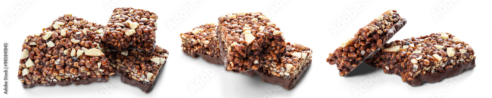Set of chocolate protein bars with nuts, cereal and granola isolated on transparent background, high protein sports nutrition Set of chocolate protein bars with nuts, cereal and granola isolated on transparent background, high protein sports nutrition