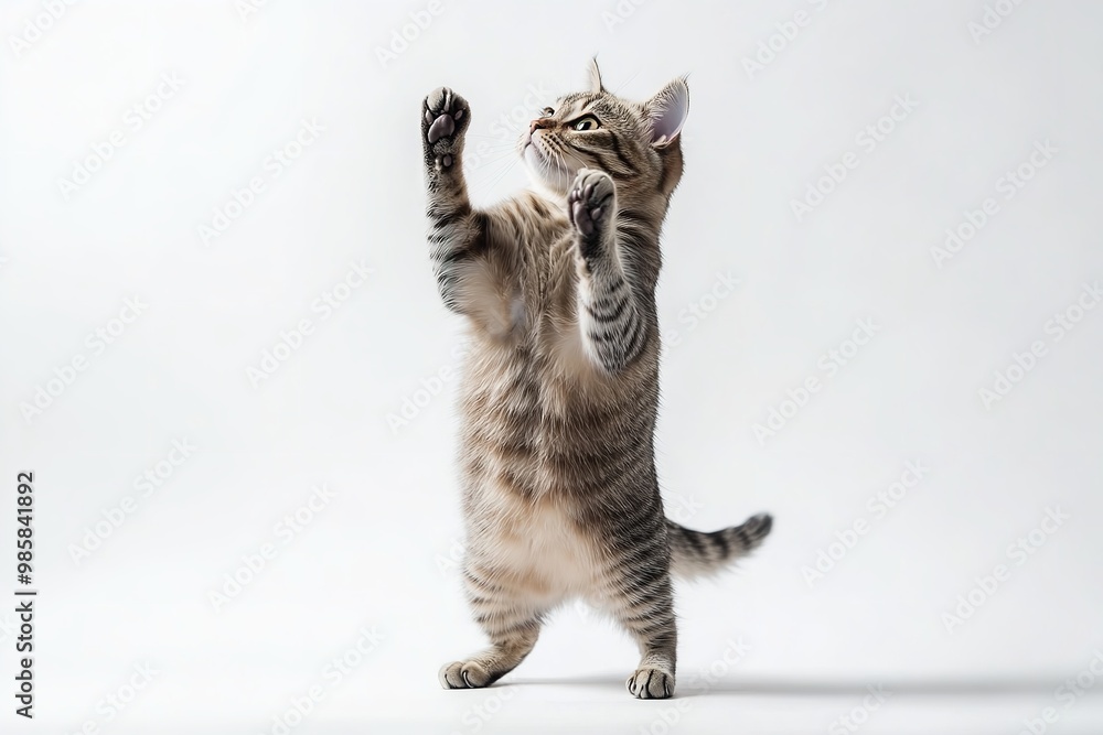Naklejka premium A cat rises up, its entire body isolated on a white backdrop and its two front paws raised. Generative Ai
