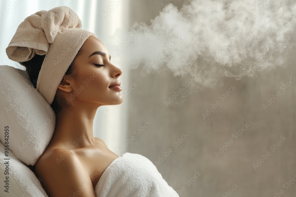 Fototapeta premium Beautiful woman enjoying steam facial treatment spa procedure