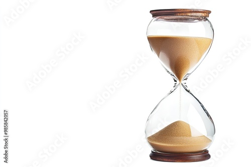 An solitary white backdrop has a traditional hourglass with sand running through it. Generative Ai