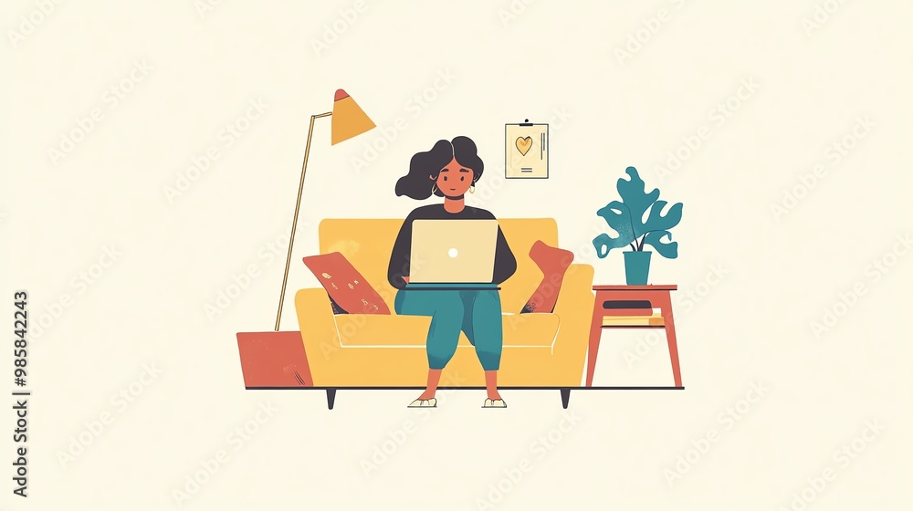 A woman working on a laptop at home, enjoying a cozy atmosphere with plants and comfortable furniture. A woman working on a laptop at home, enjoying a cozy atmosphere with plants and comfortable furniture.
