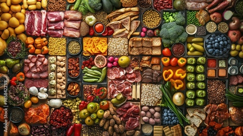 Colorful collage of various fresh and cooked food products including fruits, vegetables, meats, 