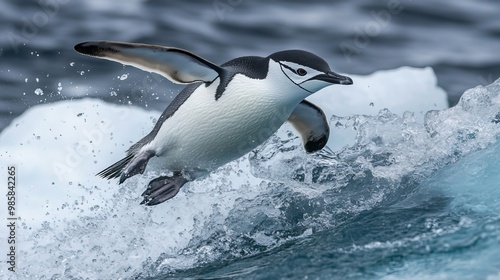 Amidst icy waters, a chinstrap penguin, Pygoscelis antarcticus, fearlessly leaps from an iceberg's precipice, its streamlined body cutting through the depths.  photo