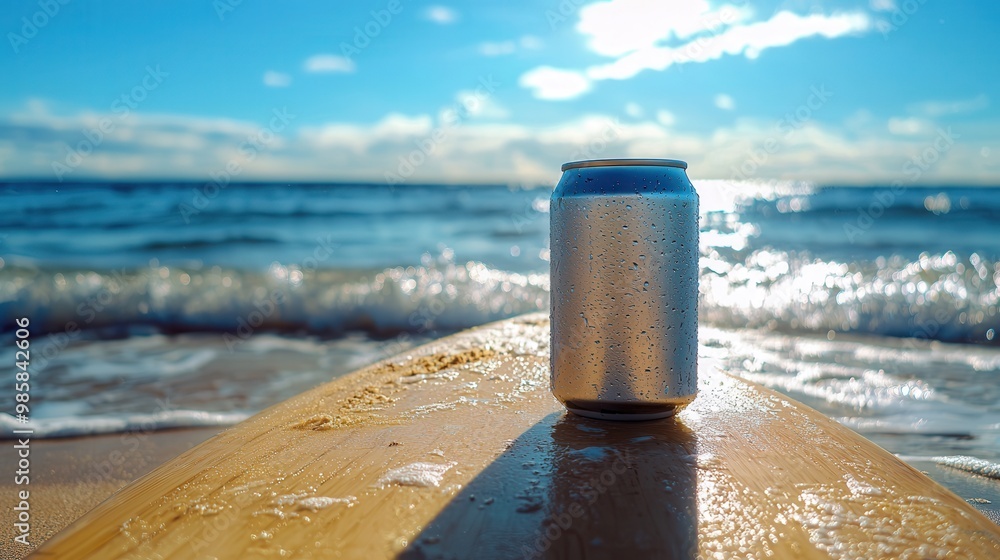 Serene Beach Day Vibes - Ice-Cold Beer on Surfboard with Waves and Sun, Copy Space Available Serene Beach Day Vibes - Ice-Cold Beer on Surfboard with Waves and Sun, Copy Space Available