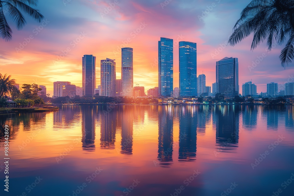 Fototapeta premium Cityscape at Sunset with Reflections on Water.