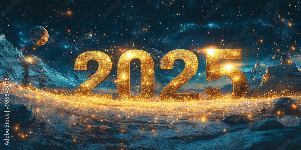Large glowing 2025 numbers in cosmic night sky with stars and galaxy Large glowing 2025 numbers in cosmic night sky with stars and galaxy
