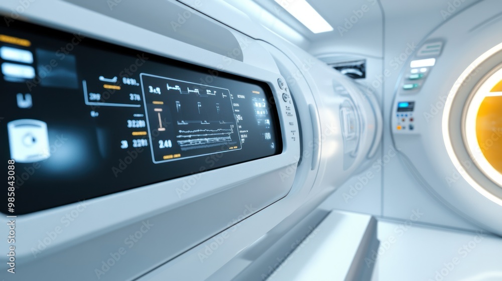 Detailed view of the CT scanner controls highlighting the interface with illuminated buttons and settings display, ready for operation in a medical environment Detailed view of the CT scanner controls highlighting the interface with illuminated buttons and settings display, ready for operation in a medical environment