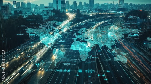 Wallpaper Mural Digital world map overlayed on a busy highway, illustrating the interconnectedness of global trade routes and modern transportation systems Torontodigital.ca
