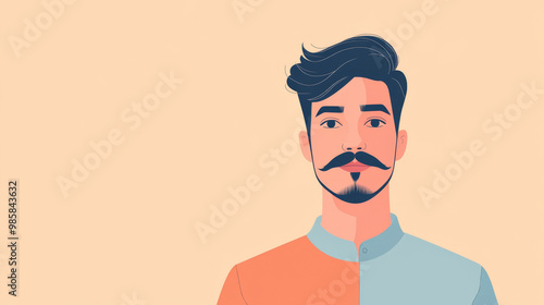 Illustration of young adult man with mustache on color background with copy space