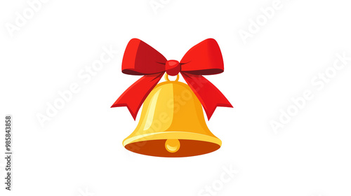 Golden Bell with Red Ribbon. A shiny golden bell tied with a red ribbon, isolated on a white background. Ideal for holiday, Christmas, or celebration-related imagery.