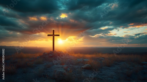 A wooden cross shining in the sky, atop an old hill covered with rubble and grasses. God rays, a dramatic sky, photorealistic, hyper-detailed, and a cinematic look.