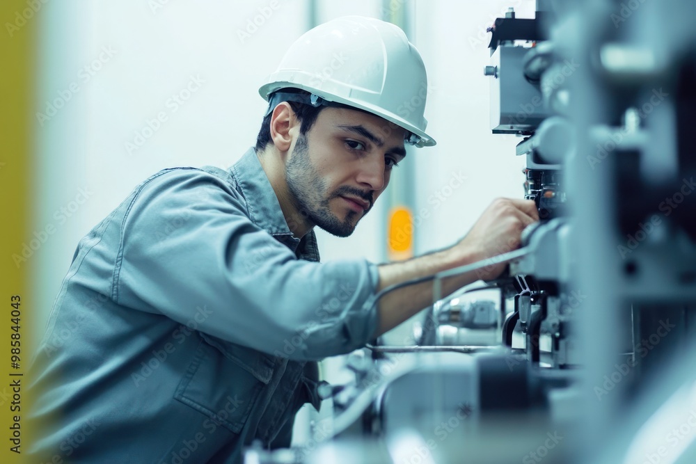 Engineer man working on machine on solid white background, single object Engineer man working on machine on solid white background, single object