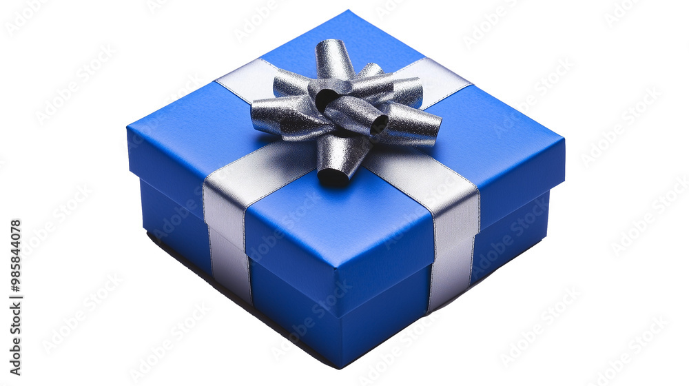 Blue Gift Box with Silver Ribbon. A neatly wrapped blue gift box adorned with a silver ribbon, perfect for holiday, birthday, or special occasion themes. Blue Gift Box with Silver Ribbon. A neatly wrapped blue gift box adorned with a silver ribbon, perfect for holiday, birthday, or special occasion themes.