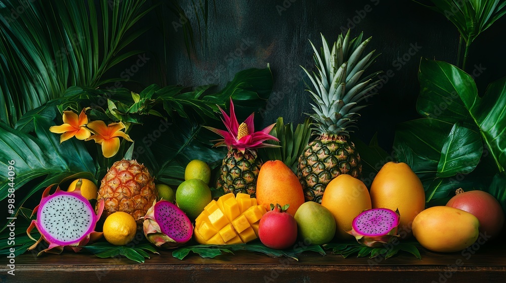 A vibrant assortment of tropical fruits arranged with lush greenery, showcasing nature's bounty and colorful presentation. A vibrant assortment of tropical fruits arranged with lush greenery, showcasing nature's bounty and colorful presentation.
