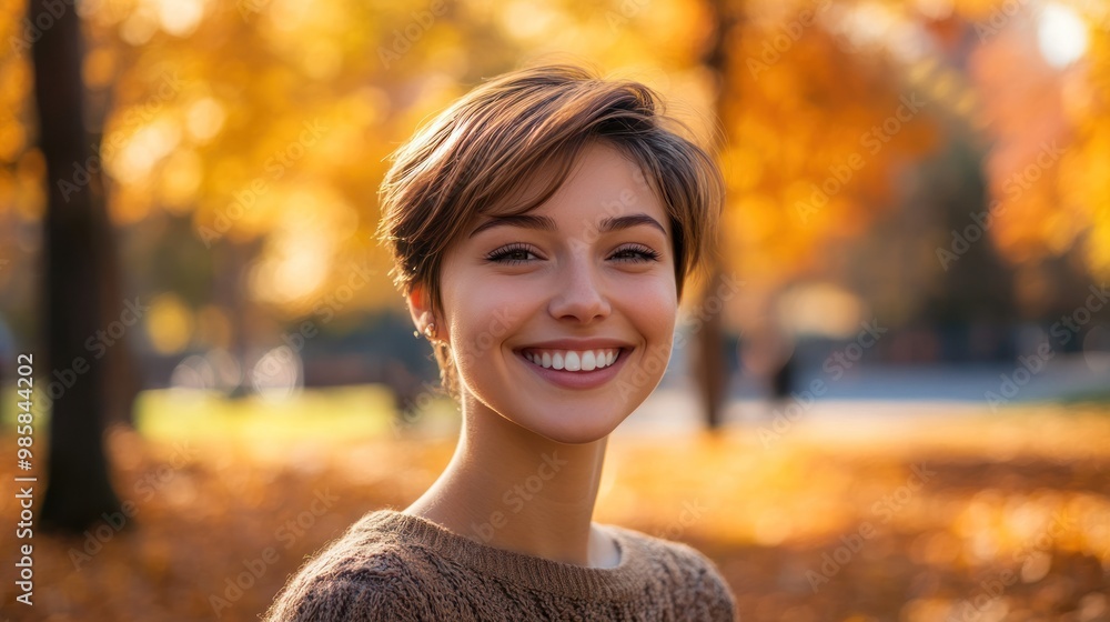 Fair-skinned woman with short hair smiling brightly, standing in a park during autumn, leaves scattered on the ground, trees in the background with golden hues Fair-skinned woman with short hair smiling brightly, standing in a park during autumn, leaves scattered on the ground, trees in the background with golden hues