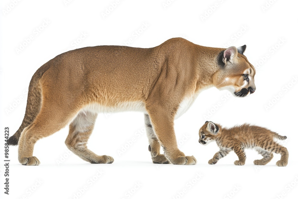 Obraz premium A mother cougar and her playful cub stroll together, emphasizing their close relationship in a tranquil environment
