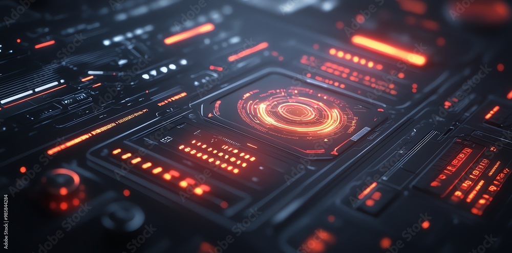 Close up of a futuristic interface with red glowing lights and a circular display in the center. Close up of a futuristic interface with red glowing lights and a circular display in the center.