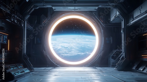 Fototapeta Naklejka Na Ścianę i Meble -  A spaceship interior with a large circular window showing Earth and the starry sky beyond.
