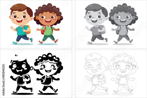 Happy school students kids smiling and running with backpack in nature scenery ,vector illustration graphic design. 