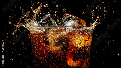 Ice cola with splashing CO bubbles. Drink with ice, closeup, fizzing, fizz. In a cup
