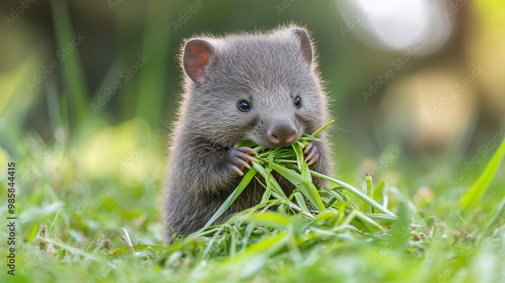 Close-up shot of a wombat joey, an Australian herbivore marsupial, enjoying a meal of grass. Wombats are adorable and fascinating creatures. They are native to Australia Close-up shot of a wombat joey, an Australian herbivore marsupial, enjoying a meal of grass. Wombats are adorable and fascinating creatures. They are native to Australia