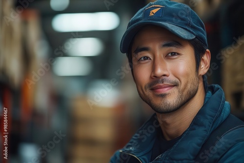 confident asian man operating forklift in sleek industrial warehouse dramatic lighting modern architecture