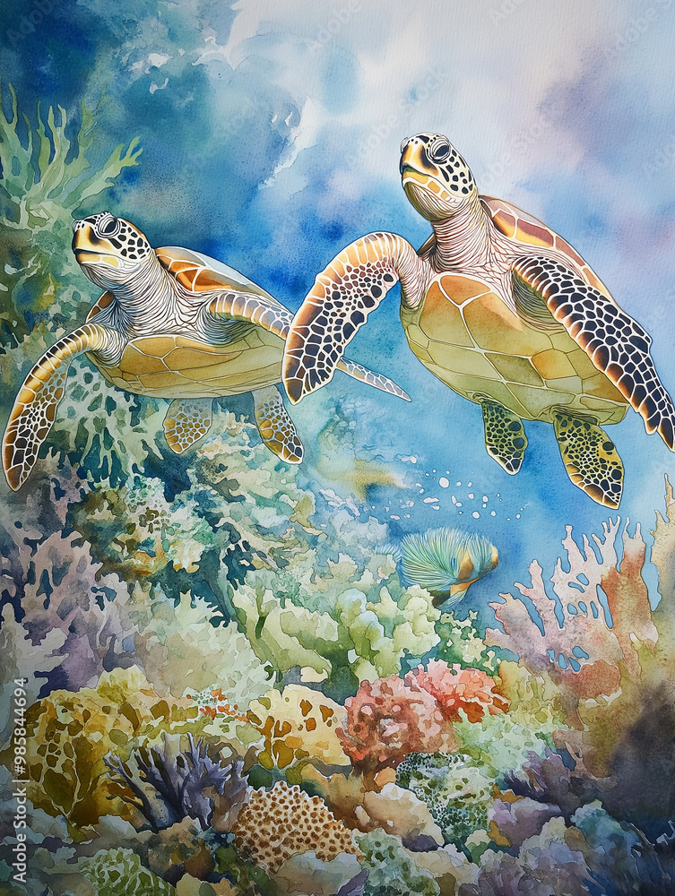 Dynamic watercolor illustration of a pair of turtles gracefully swimming among a vibrant coral reef, surrounded by colorful fish and swaying seaweed, capturing the lively underwater world. Dynamic watercolor illustration of a pair of turtles gracefully swimming among a vibrant coral reef, surrounded by colorful fish and swaying seaweed, capturing the lively underwater world.