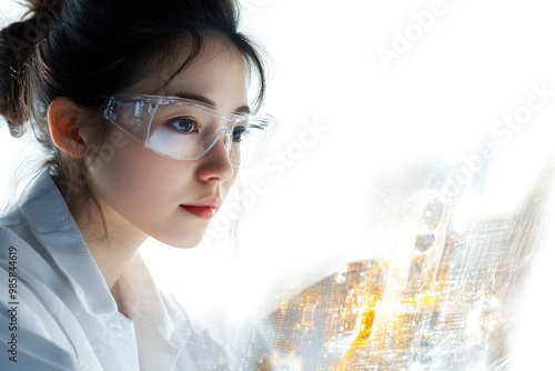 Female engineer analyzing quantum computing data, on solid white background, single object photo