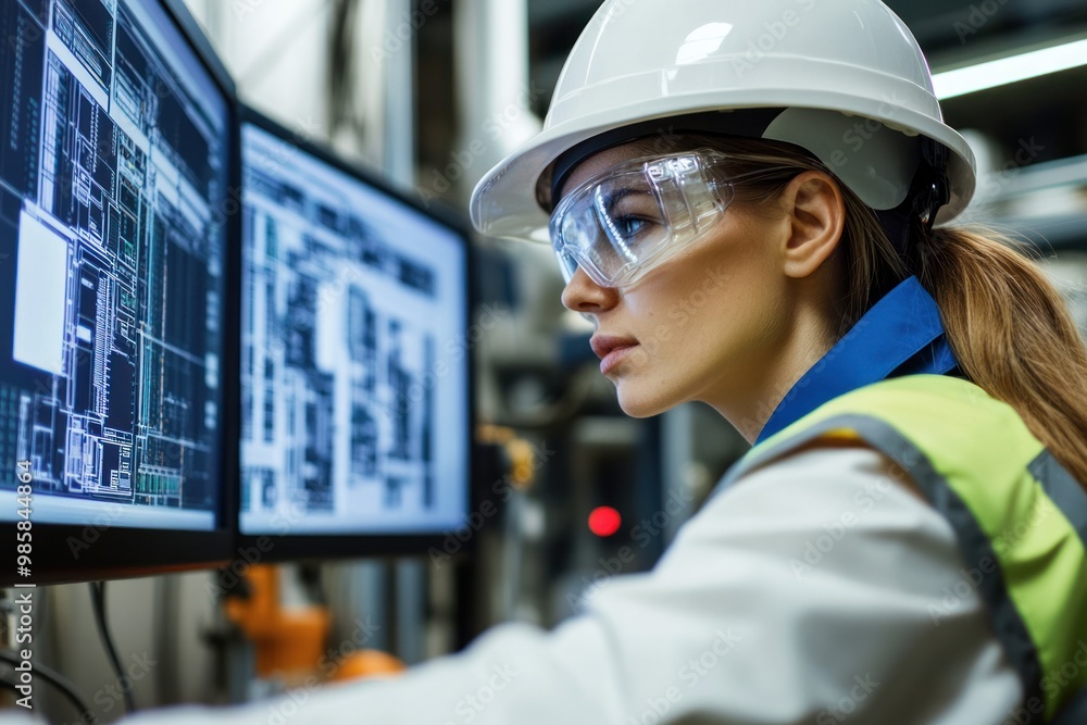 Female engineer managing cybersecurity protocols, on solid white background, single object Female engineer managing cybersecurity protocols, on solid white background, single object