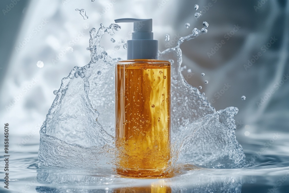 design concept clear bottle oil cleanser with water splash, skincare routine aesthetic design concept clear bottle oil cleanser with water splash, skincare routine aesthetic
