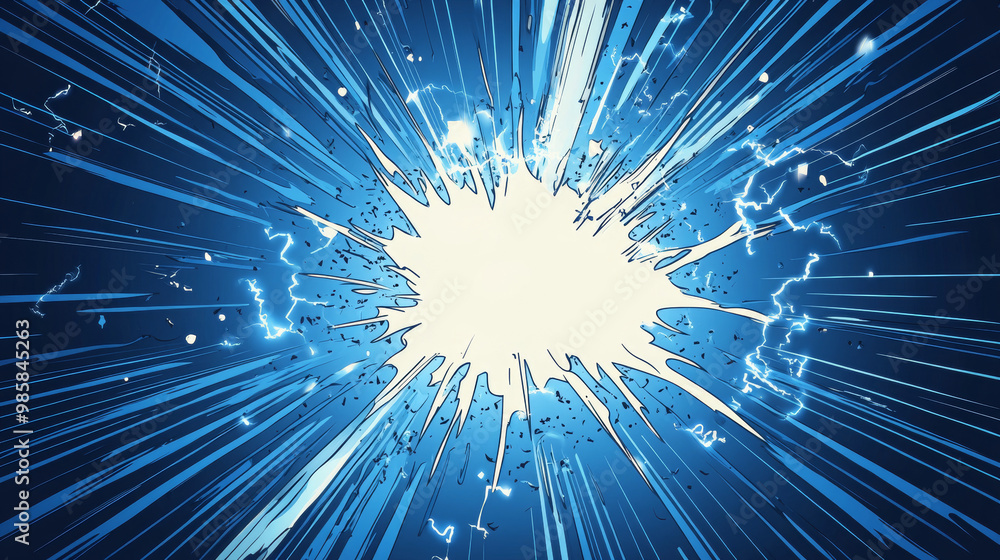 Obraz premium Blue pop art retro background with exploding rays of lightning comic style, vector illustration