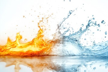 Fire and water splash colliding on solid white background, single object