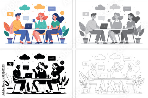 Discussion and brainstorming in team concept. Group of business people at work, office meeting. Professional communication. Isolated flat vector illustration 