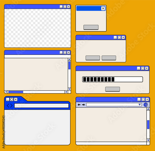 vector set of retro computer interface,
vintage and dialog window 90's, nostalgic os element and icon design, y2k style