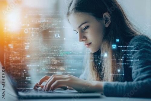 Female software engineer typing on a laptop with coding symbols around her on solid white background, single object photo