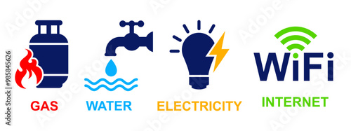 utilities - gas, water, electricity and wifi or internet supply icon set. public utility supply icons collection.