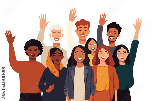 Diverse multicultural group of people waving and smiling, vector illustration