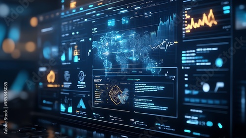 Close-up of a computer screen displaying data, graphs, and code with a world map in the background.