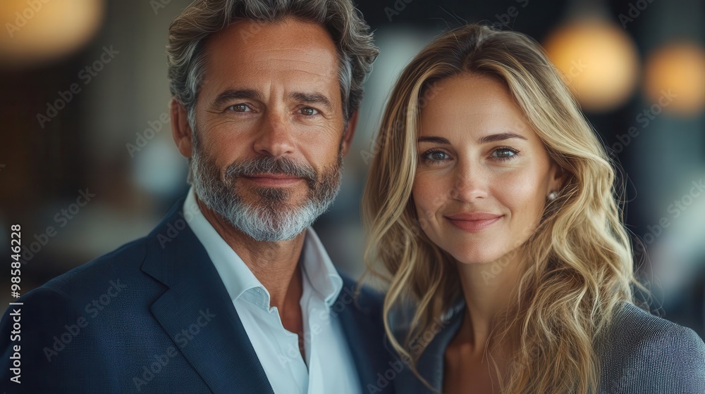 Fototapeta premium corporate power duo confident mature businessman and businesswoman standing tall in sleek office panoramic city view modern decor air of success and partnership