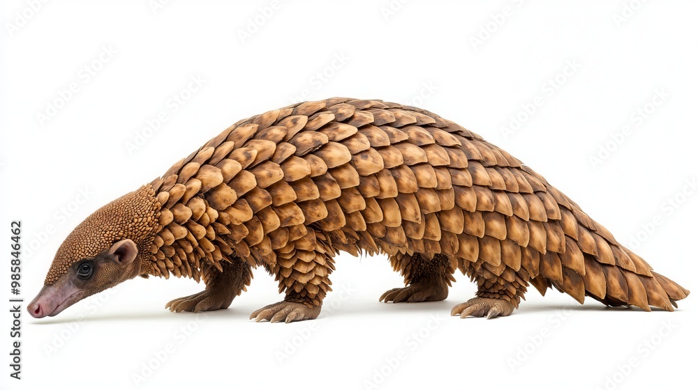 A ten-month-old Chinese pangolin (Manis pentadactyla) isolated against a white background. Pangolins are unique mammals known for their large, protective scales A ten-month-old Chinese pangolin (Manis pentadactyla) isolated against a white background. Pangolins are unique mammals known for their large, protective scales