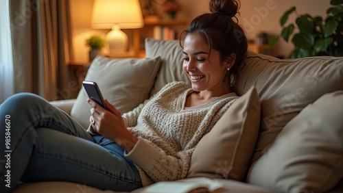 Woman Relaxing with Smartphone: Cozy Evening at Home Using Mobile Device for Entertainment and Social Media