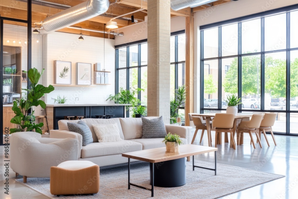 Stylish and modern living room featuring a comfortable sofa, wooden dining table, and plenty of natural light. Stylish and modern living room featuring a comfortable sofa, wooden dining table, and plenty of natural light.