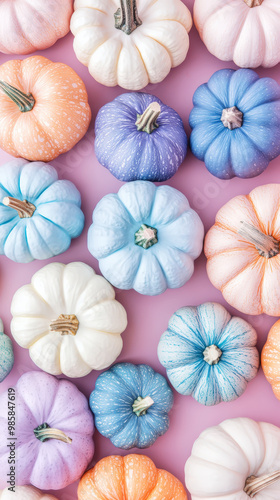 Aesthetic mix of pastel blue, pink and purple pumpkins, top view. Greeting mockup, wallpaper, copy space. Generative AI